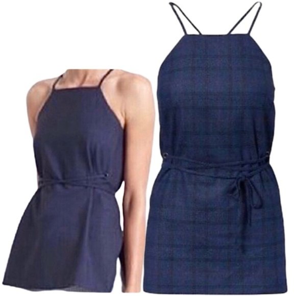 New Banana Republic Plaid Sleeveless Tie Waist Apron Top Navy Blue Size XS - Picture 2 of 16